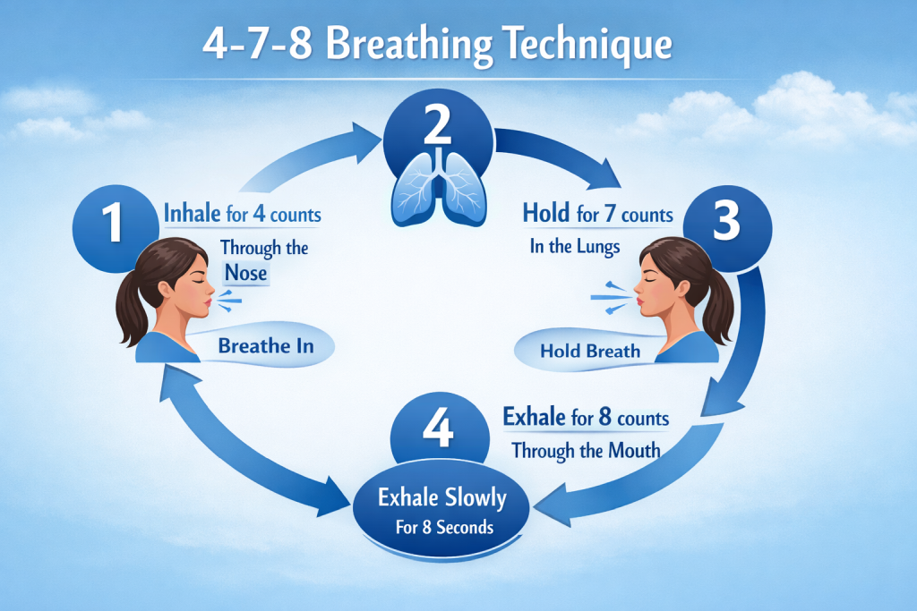 4-7-8 breathing technique diagram showing inhale, hold, and exhale pattern for falling asleep fast
