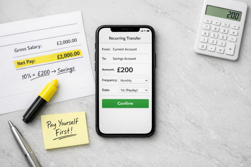 Automatic bank transfer setup showing 10 percent of salary being saved immediately on payday