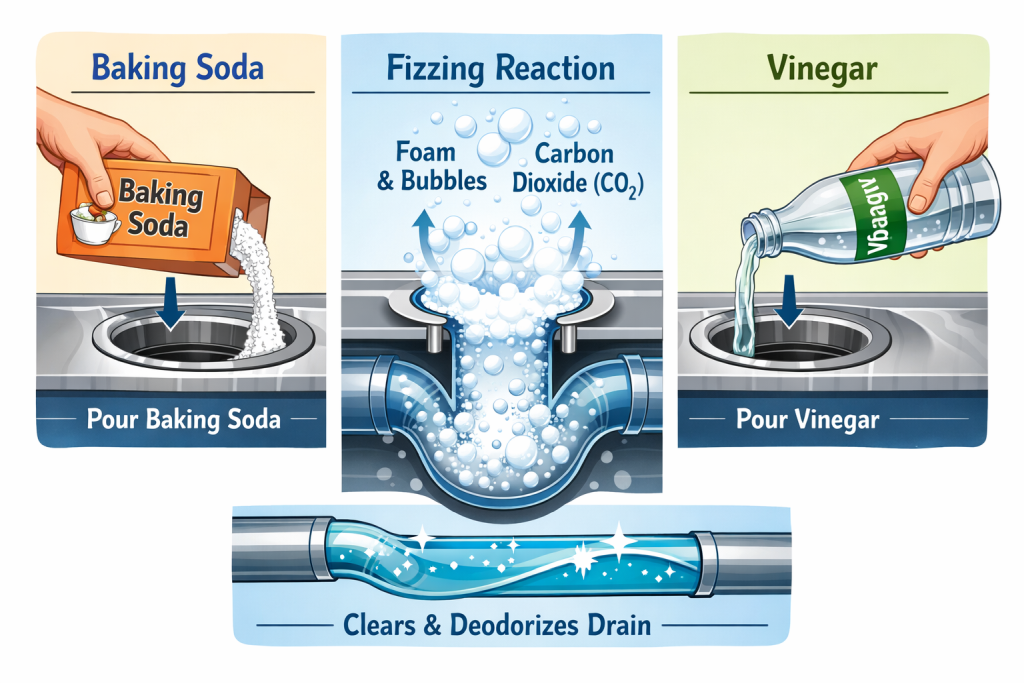 Baking soda and vinegar natural drain cleaner method showing fizzing reaction to unclog pipes