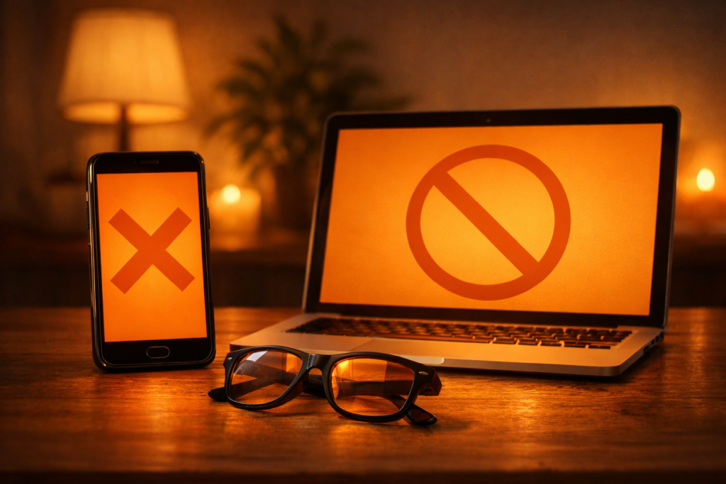 Blocking blue light from screens in evening to improve sleep schedule and melatonin production