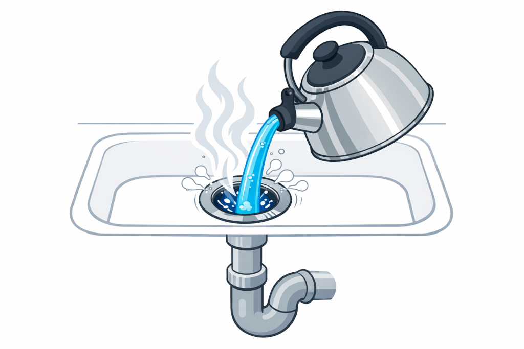 Pouring boiling water into drain to break up grease and unclog pipes naturally