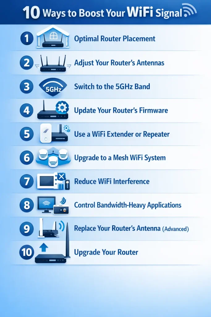 Complete infographic showing 10 proven methods to boost WiFi signal strength at home