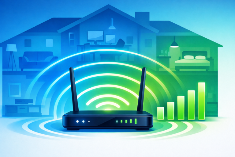 WiFi router with strong signal coverage showing how to boost WiFi signal strength throughout home