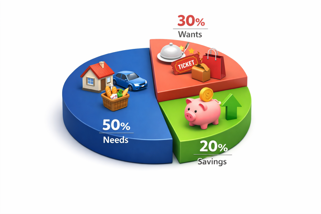 Visual breakdown of budget categories showing needs, wants, and savings with percentage allocations
