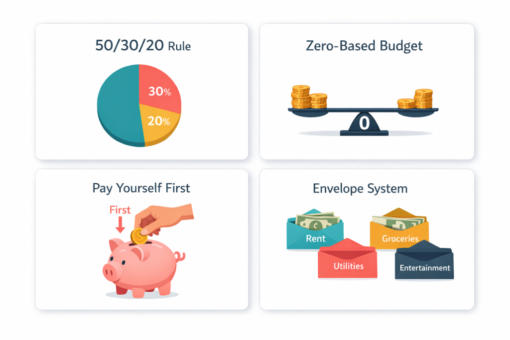 Comparison chart of popular budgeting methods including 50/30/20, zero-based, and envelope systems