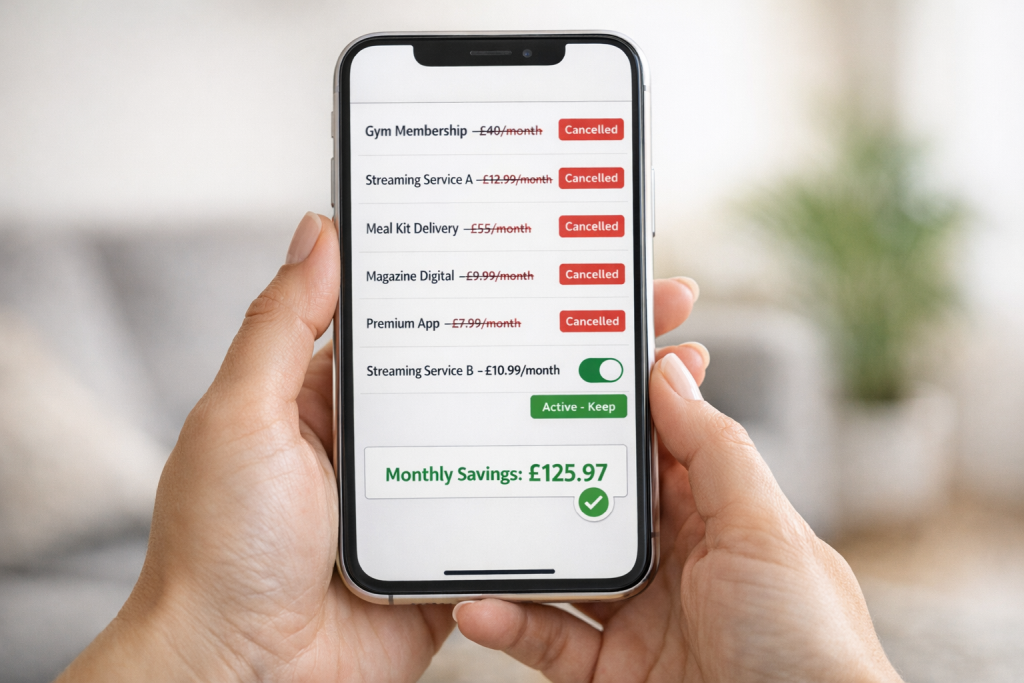 Mobile phone showing cancelled subscription services to save money including streaming and app subscriptions