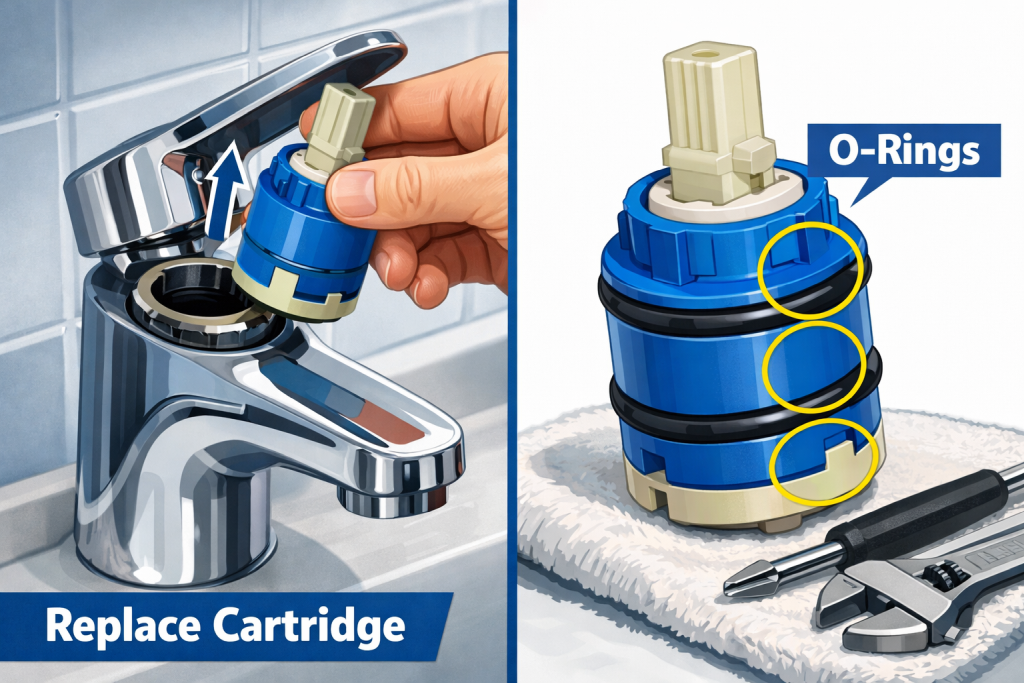 Cartridge faucet repair showing how to remove and replace cartridge to stop leaks