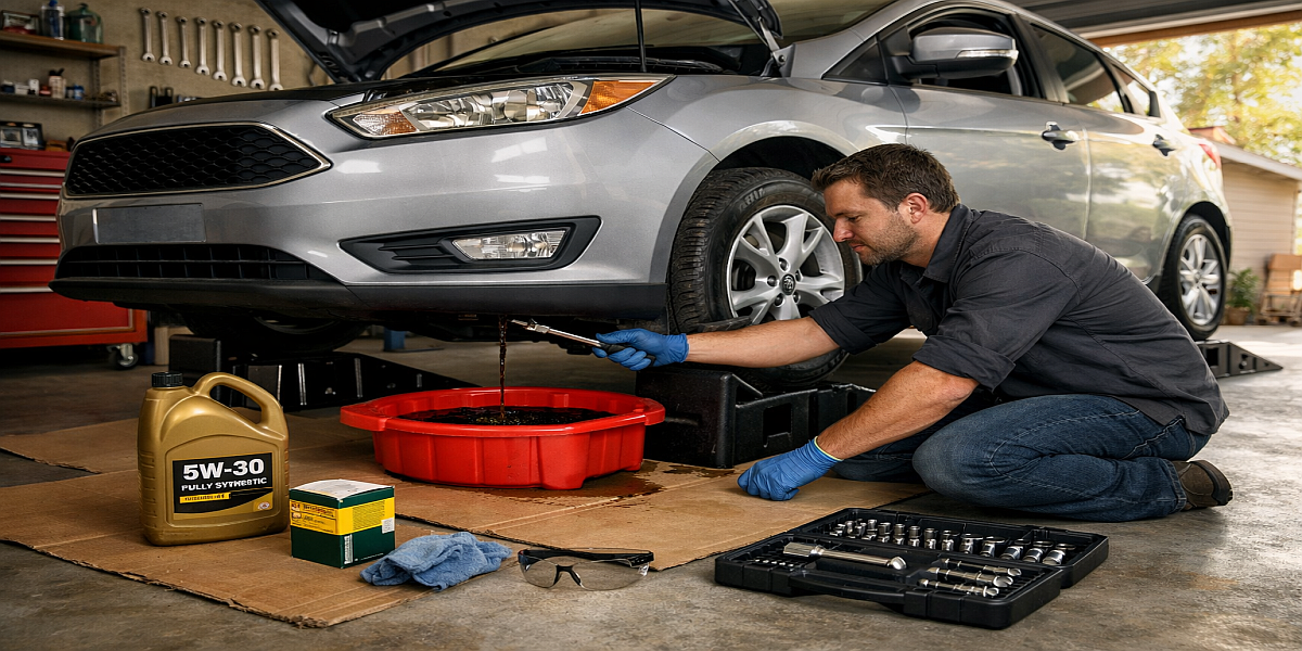 Person changing engine oil at home in garage using drain pan and tools for DIY car maintenance