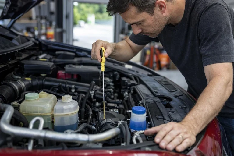 Person checking car engine fluids under bonnet including oil, coolant, and brake fluid levels