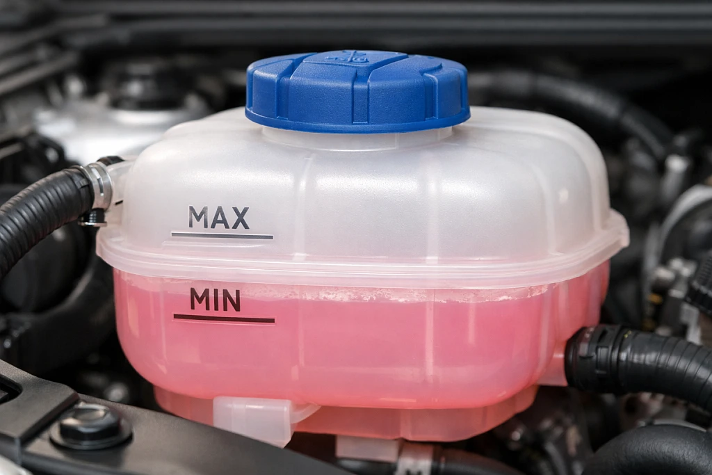 : Coolant expansion tank showing fluid level between minimum and maximum marks with antifreeze mixture
