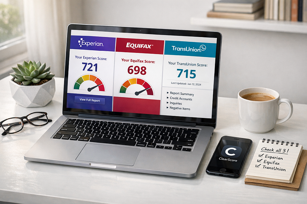 Three UK credit report agencies Experian, Equifax, and TransUnion displayed on laptop screen
