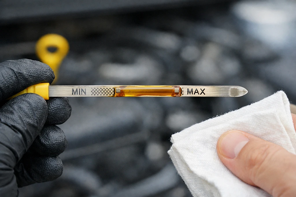 Person checking engine oil level using dipstick showing proper oil level between min and max marks
