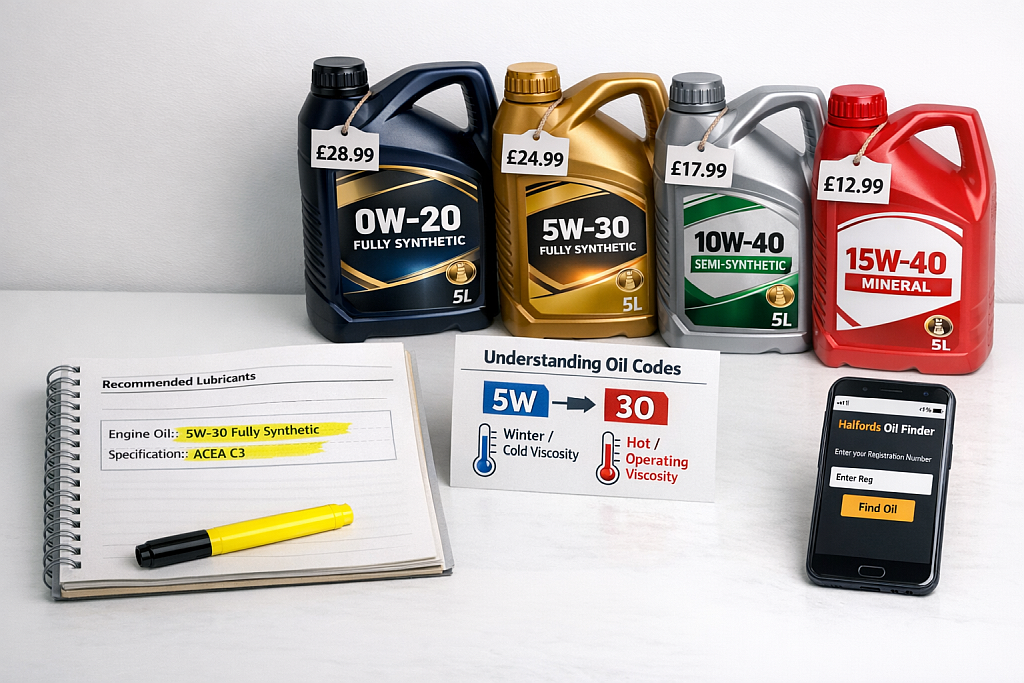 Different engine oil types and viscosity grades displayed with car owner manual for selecting correct oil
