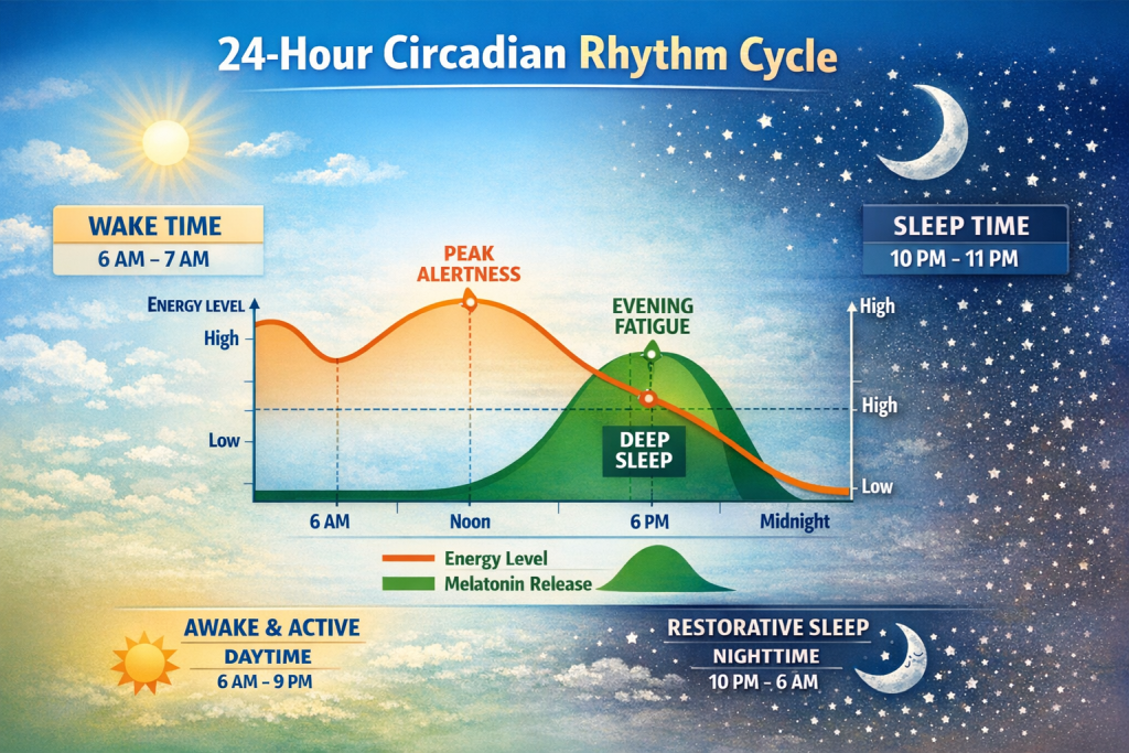 Circadian rhythm 24-hour cycle diagram showing natural sleep-wake pattern and melatonin production