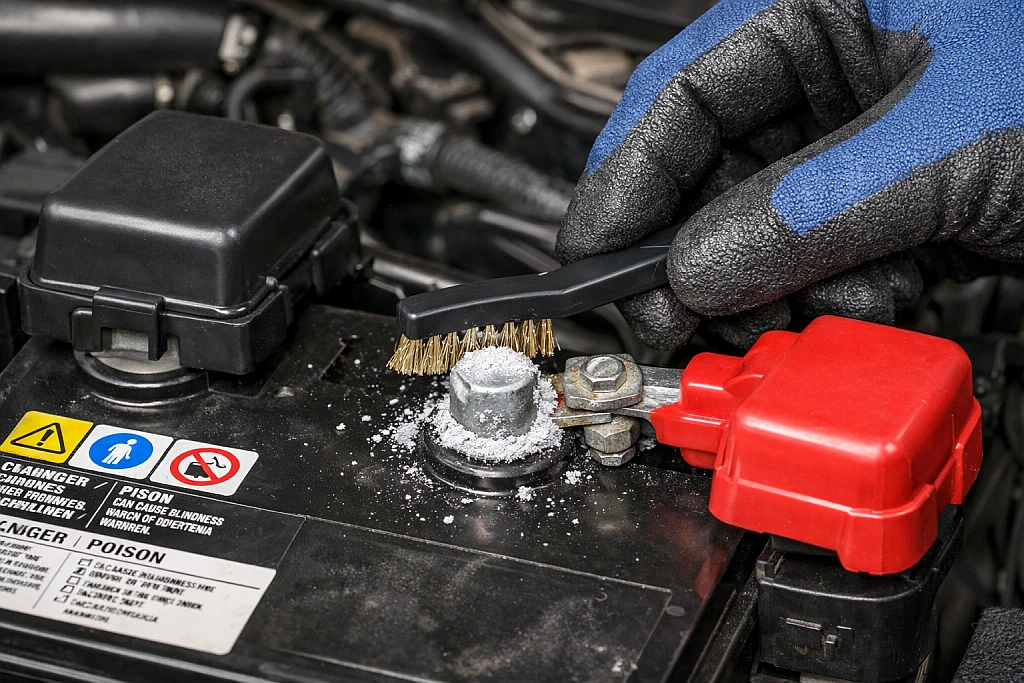 Car battery terminals being cleaned to remove corrosion for proper electrical connection
