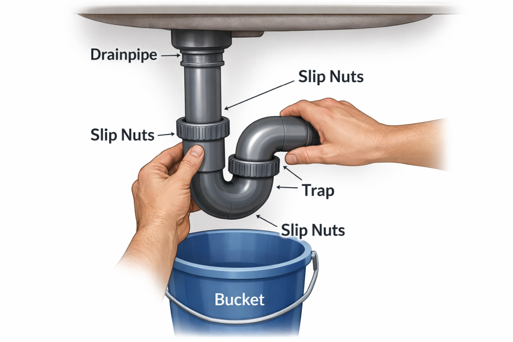 Removing and cleaning sink P-trap to clear severe drain clogs from underneath