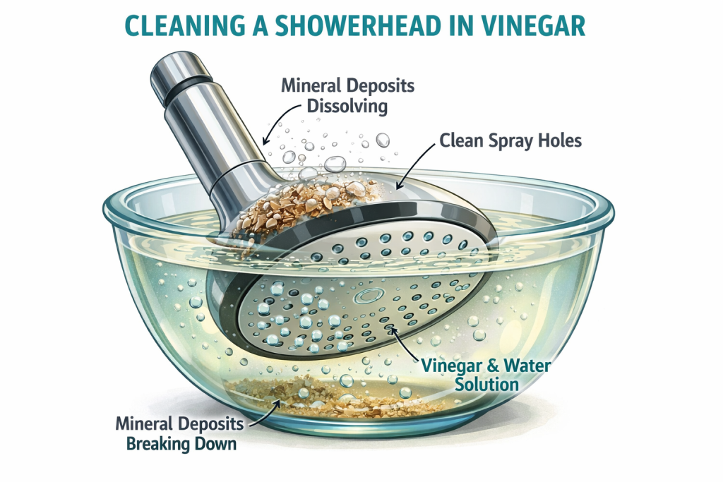 Shower head soaking in vinegar to remove hard water deposits from spray holes
