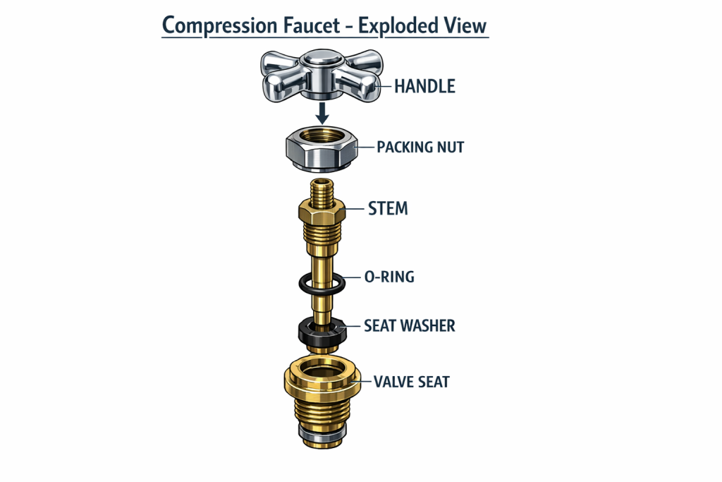 Compression faucet parts diagram showing washer and O-ring replacement locations