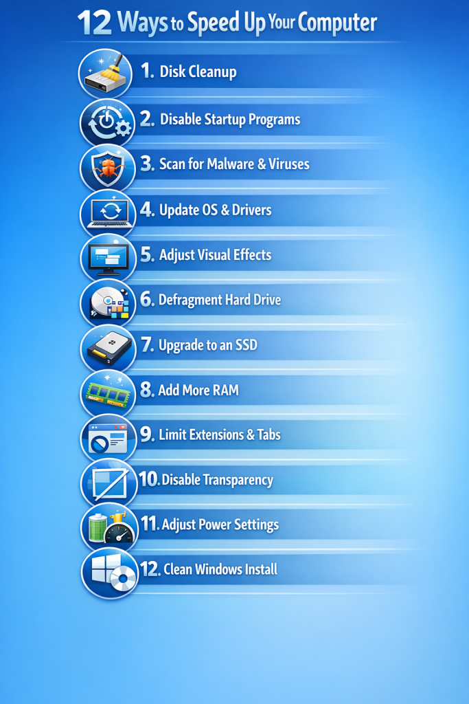 Complete infographic showing 12 proven methods to speed up slow computer performance