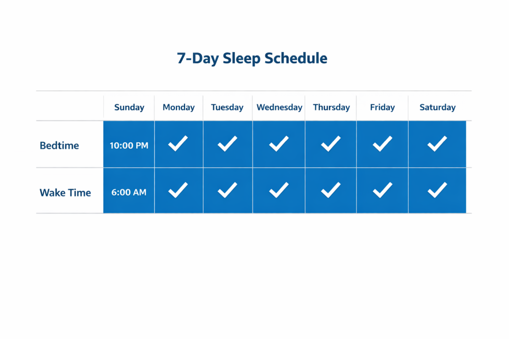 : 7-day sleep schedule chart showing consistent bedtime and wake time for fixing sleep pattern