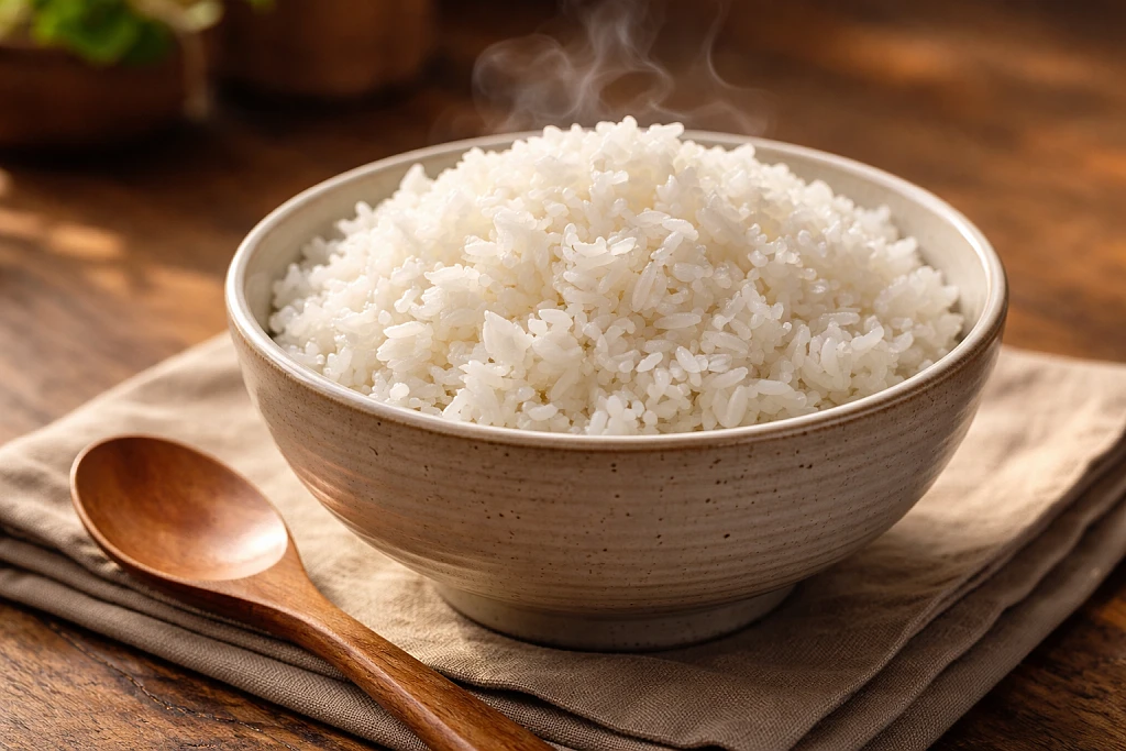 Perfect fluffy white rice in bowl showing properly cooked separate grains from stovetop method