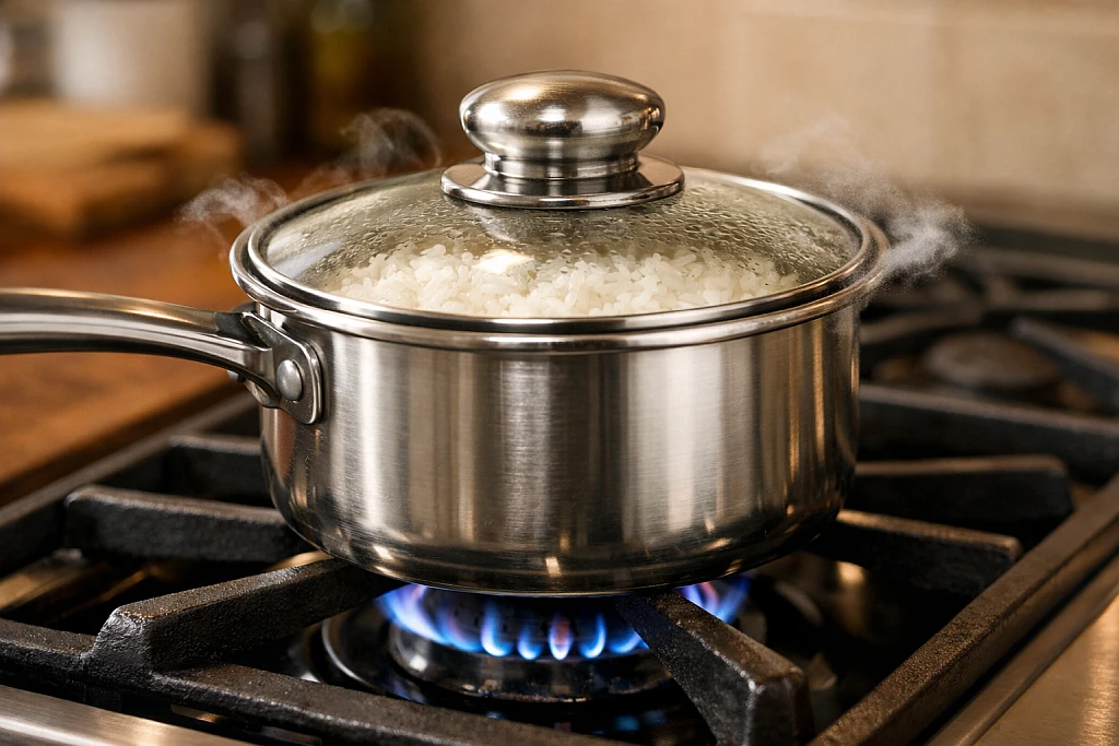 Rice cooking in covered pot on stovetop using absorption method showing steam escaping from lid
how to cook perfect rice