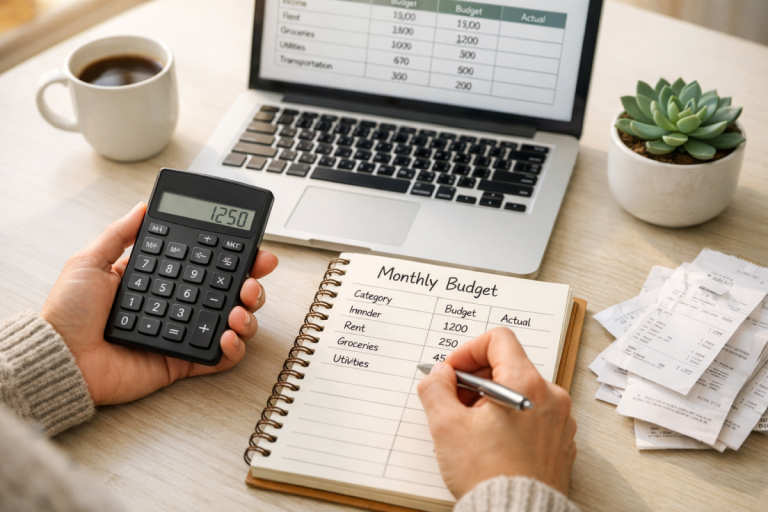 Person creating a realistic monthly budget using calculator and spreadsheet for effective financial planning