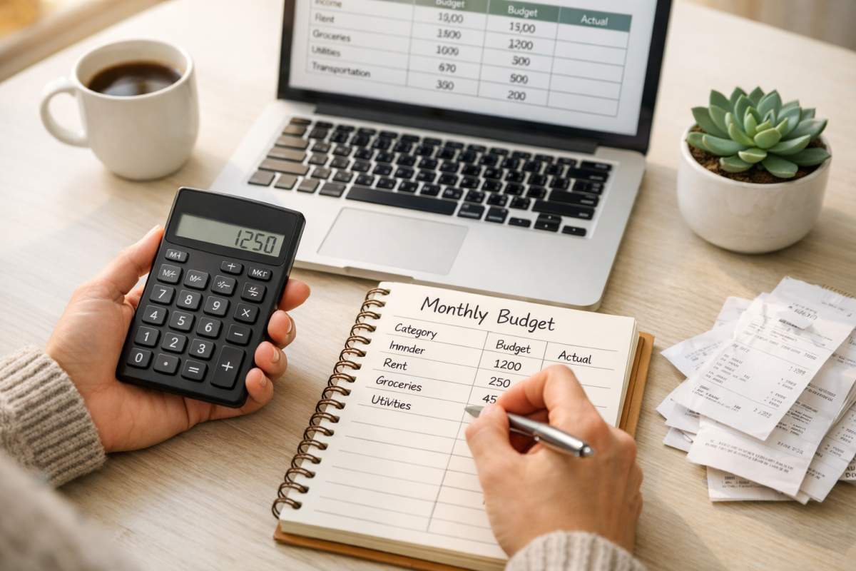 Person creating a realistic monthly budget using calculator and spreadsheet for effective financial planning