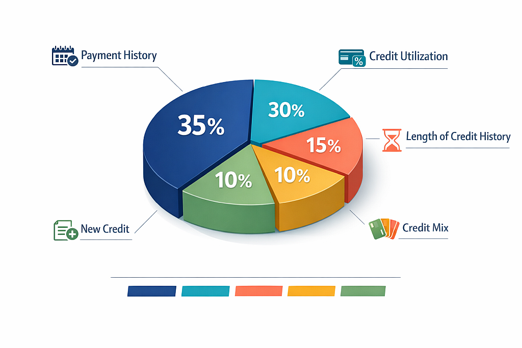 Pie chart showing credit score factors including payment history, credit utilization, and account age
