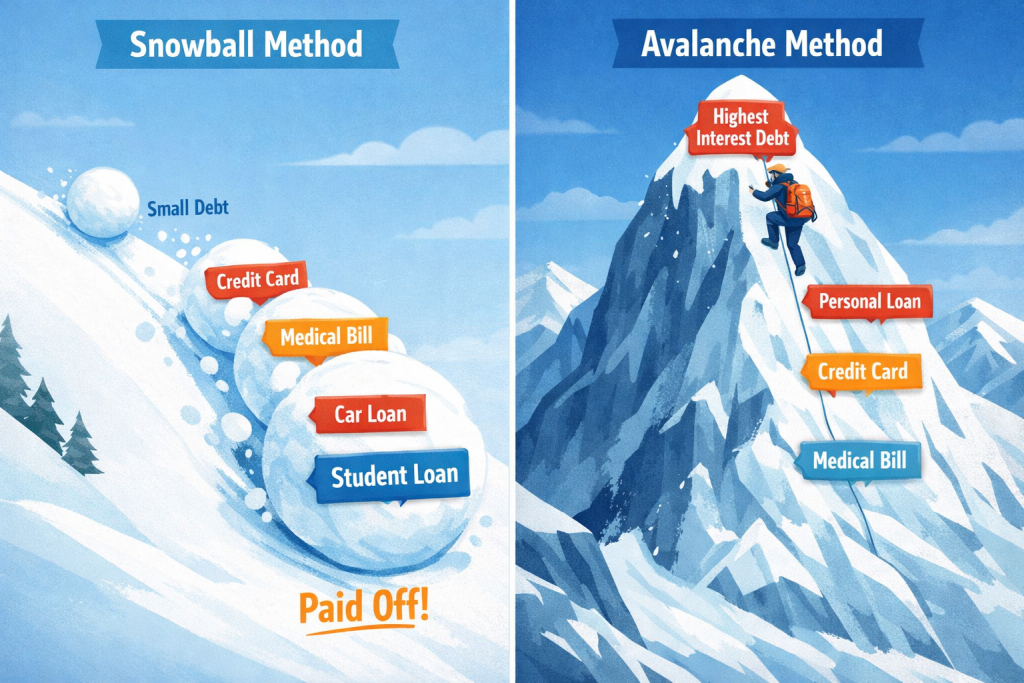 Comparison of debt payoff strategies showing snowball method versus avalanche method for budget planning