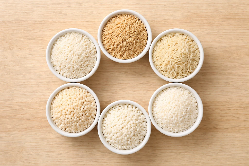 Different types of rice varieties including white, brown, basmati, jasmine, and arborio displayed in bowls
