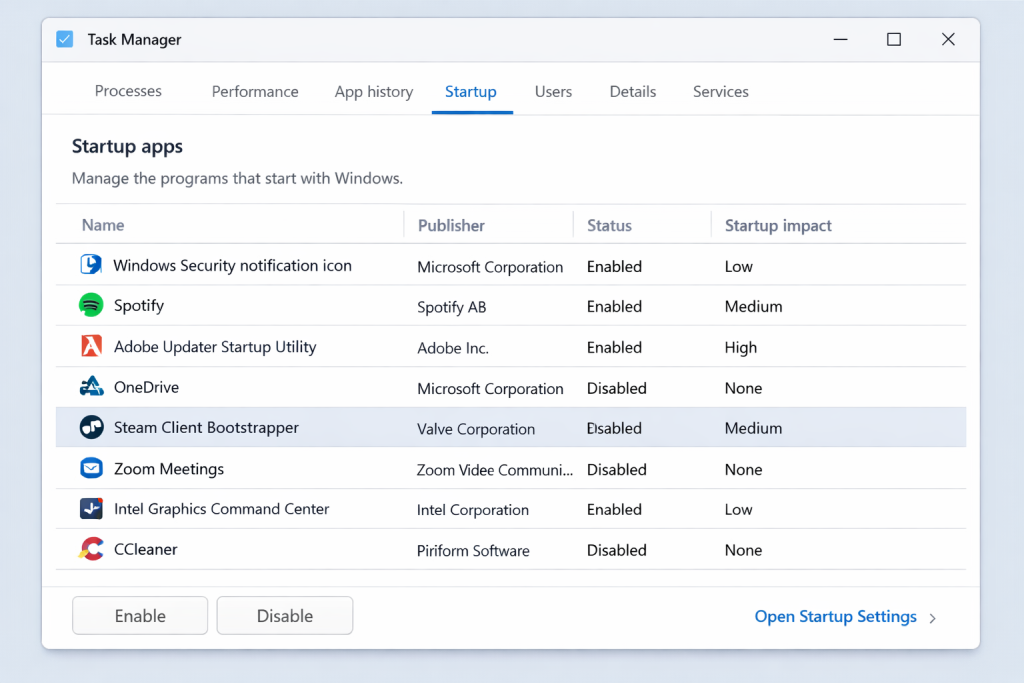 Task Manager showing how to disable startup programs to improve computer boot speed
