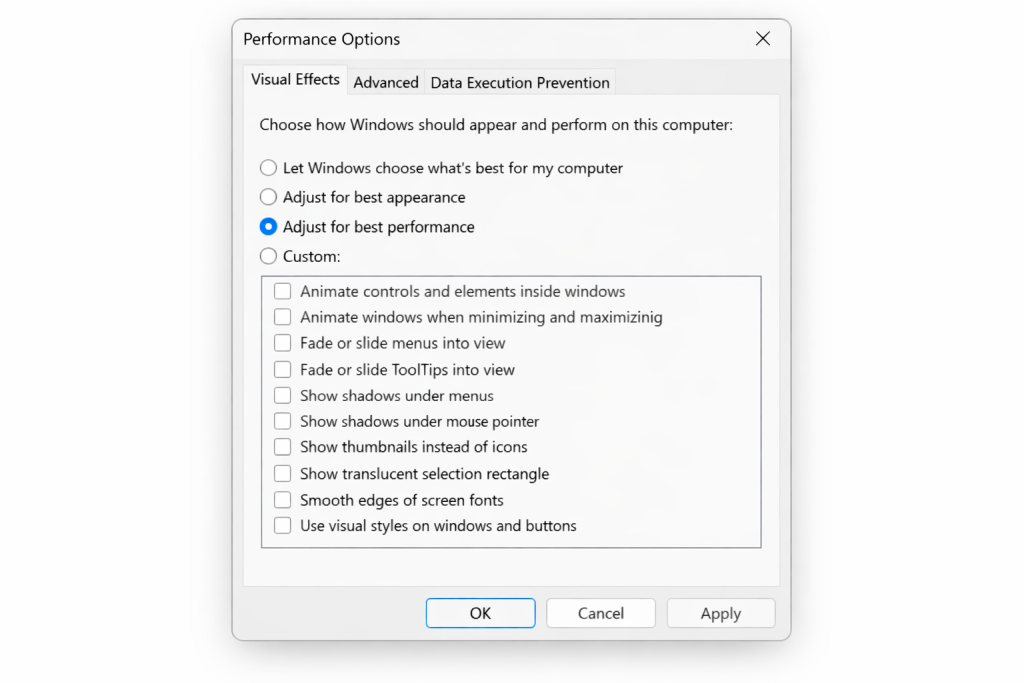 Windows visual effects settings showing how to adjust for best performance and speed