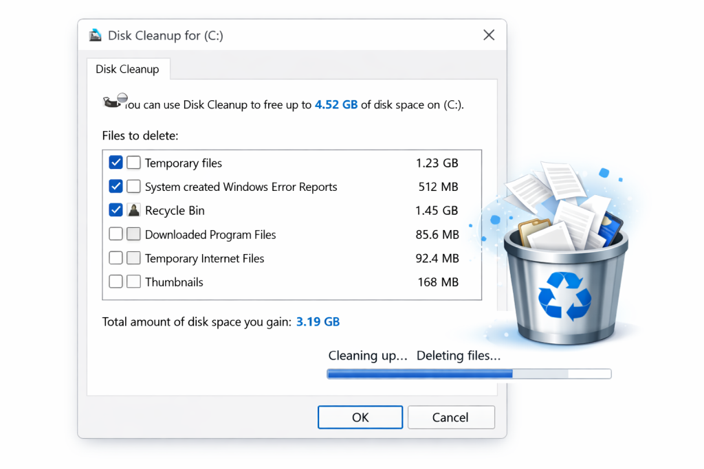 Windows Disk Cleanup utility showing how to free up storage space to speed up computer