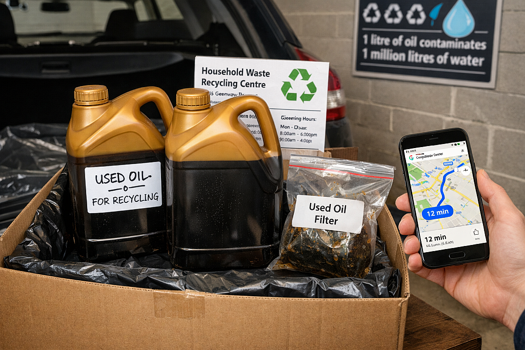 Used engine oil in sealed container ready for proper disposal at recycling centre