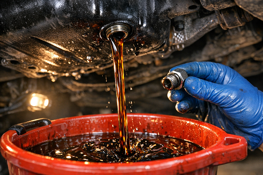 : Used engine oil draining from sump plug into collection pan during oil change