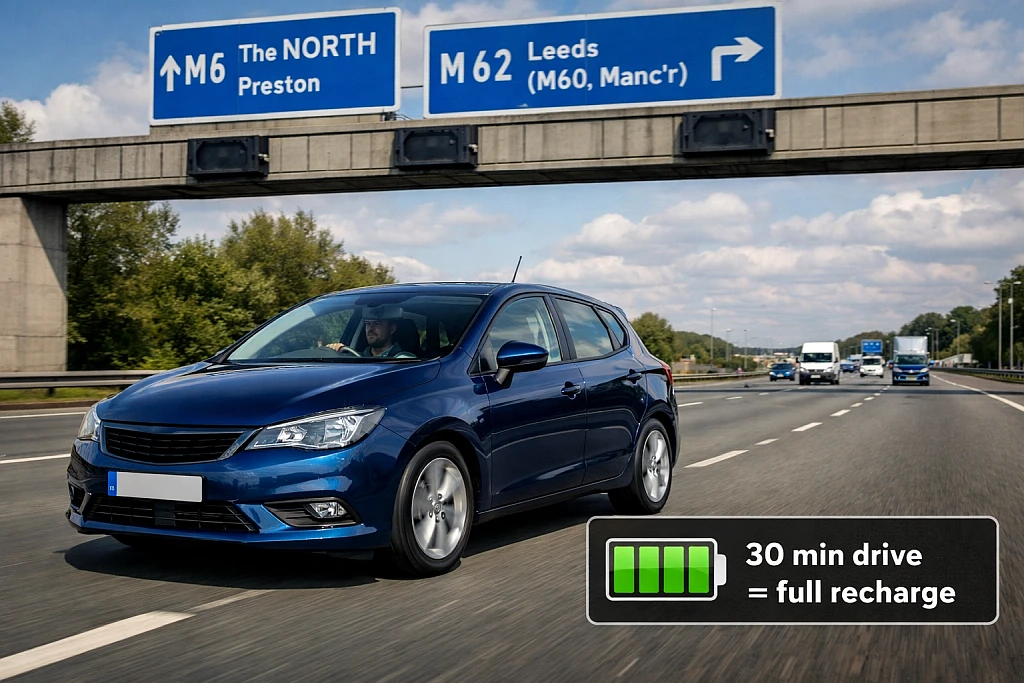 Car driving on motorway after successful jump start to recharge battery fully
