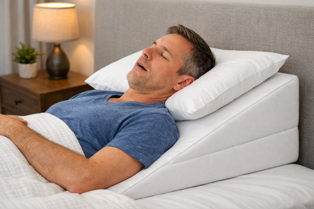 Elevated head sleeping position using wedge pillow to reduce snoring naturally