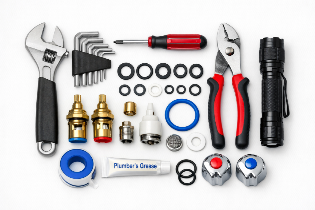 Essential tools needed to fix leaky faucet including wrenches, screwdrivers, and replacement parts

