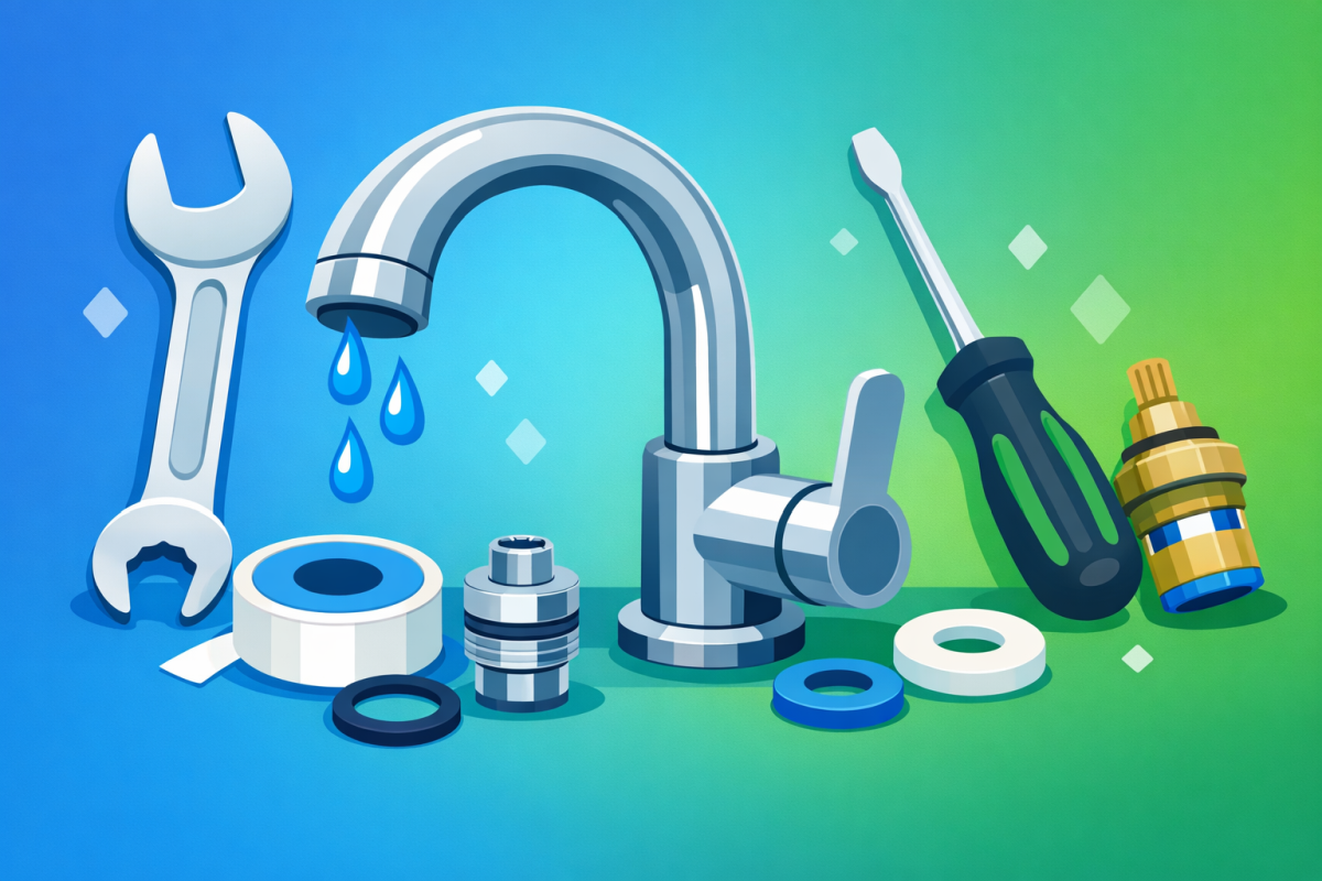 Leaky faucet with repair tools showing how to fix dripping tap at home
