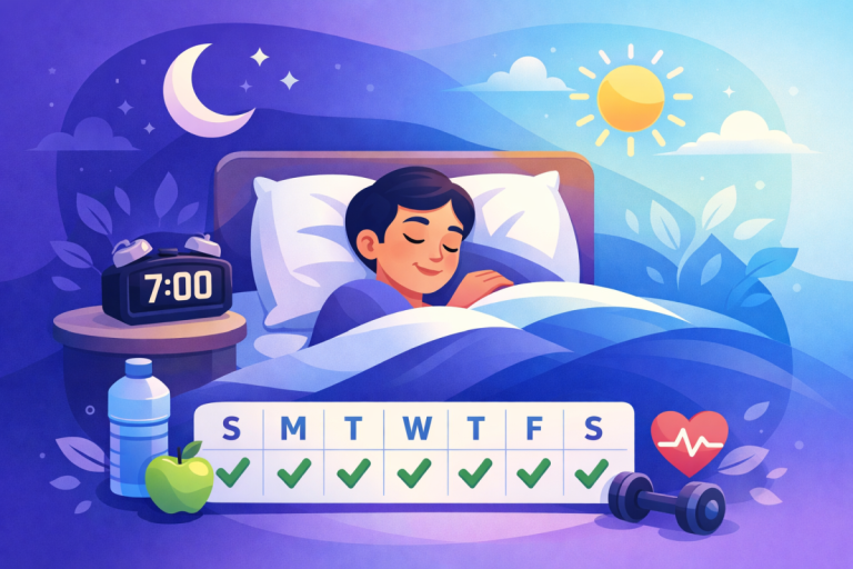 Person sleeping peacefully with consistent sleep schedule shown by clock and calendar representing 7-day plan