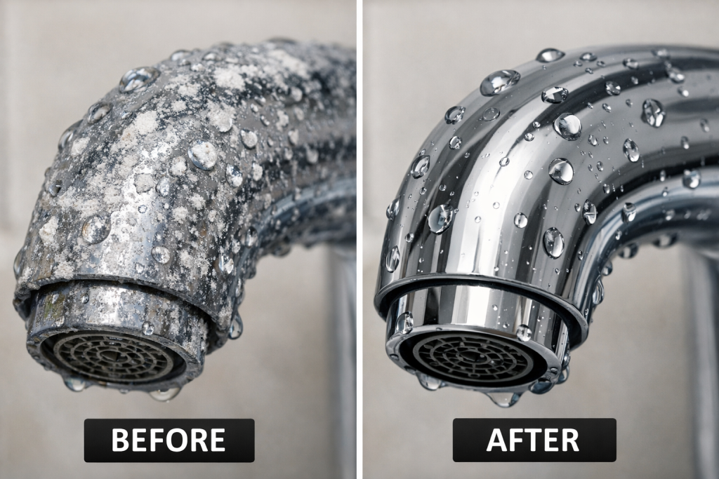 Close-up of white chalky hard water mineral deposits on chrome faucet surface
