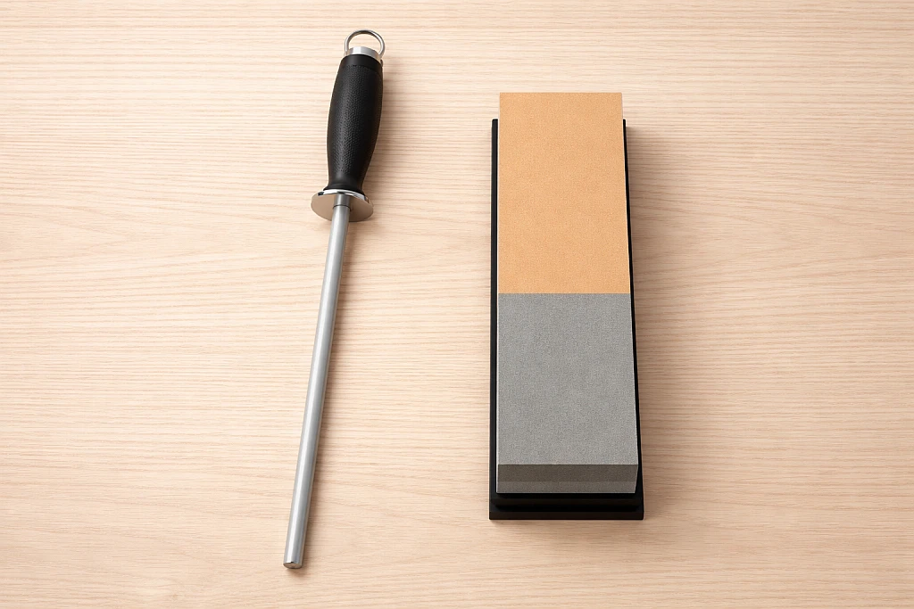 Comparison of honing steel rod and whetstone sharpening stone showing difference between maintenance and sharpening
how to sharpen kitchen knives