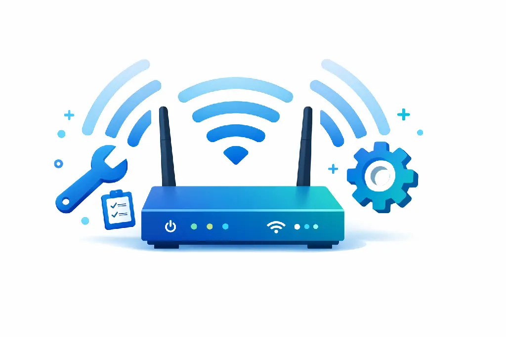 WiFi router with diagnostic tools showing solutions to fix common WiFi connection problems