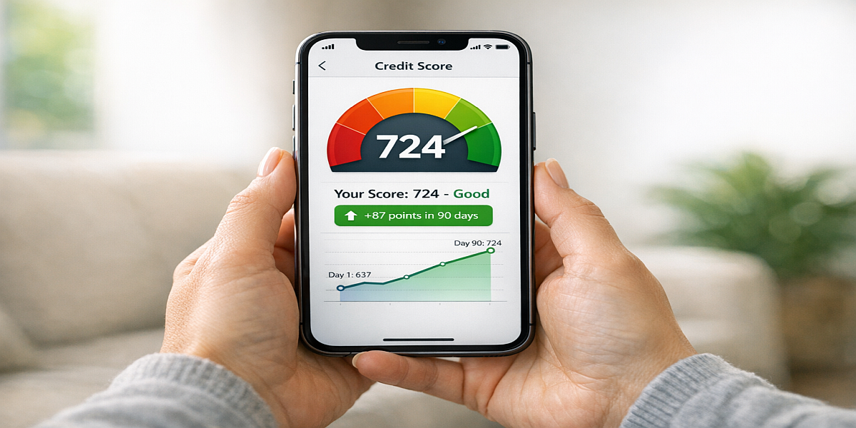 Person checking improved credit score on smartphone showing 90-day credit improvement progress