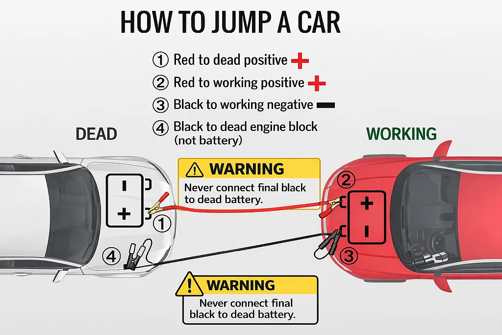 Diagram showing correct jump cable connection order from working battery to dead battery