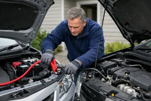 Person safely jump starting dead car battery using jumper cables connected to working vehicle