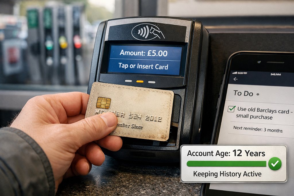 Old credit card account being kept open with small purchase to maintain credit history length
