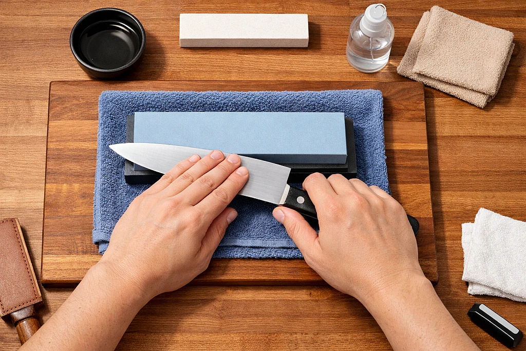 Safe knife sharpening setup showing proper hand positioning and stable work surface for injury prevention
