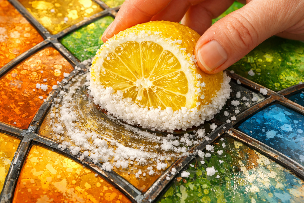 Lemon and salt natural cleaning method for removing hard water stains from glass
